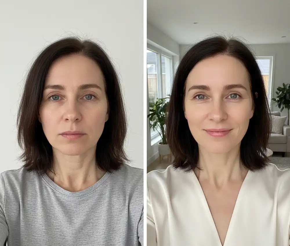 Avant après, rituel BLORËM & SENS sur peau à rougeurs et brillances