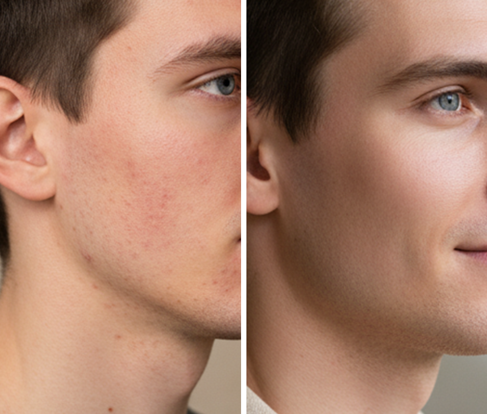 Avant après, rituel BLORËM & SENS sur peau masculine à imperfections